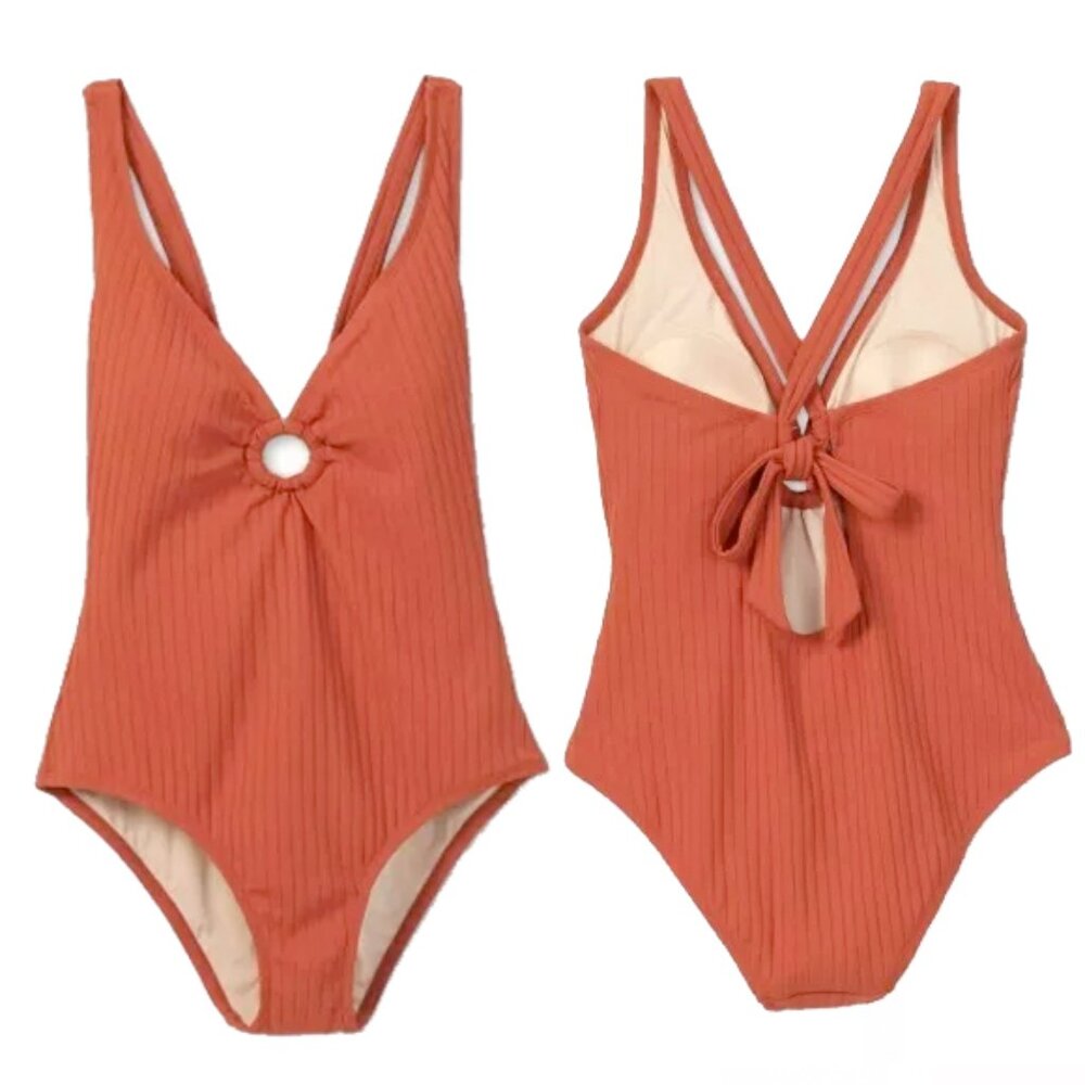 kona sol | burnt orange ribbed one piece keyhole ring front one piece swimsuit
